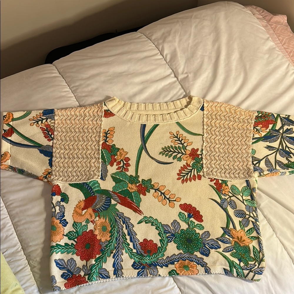 Anthropologie Cream Crew Neck Sweater with Crochet Details